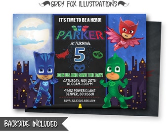 PJ Masks Invitation, PJ Masks Birthday Invitation, PJ Masks Personalized Invitations, Owlette, Gekko, Catboy, Invites, Printables