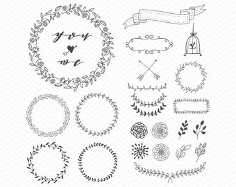 Hand Drawn Floral Wreath SVG- Laurel Elements Download- Wreath SVG, dxf, eps, png image- Cameo or Cricut-Hand drawn wreath & arrows, ribbons