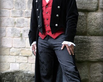 Velvet Pirate / Period Style Mans Coat - ALL BLACK - Chest 42" and 46"