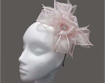 Tea party hat, pale pink sinamay fascinator, wedding, diamanté, bridesmaid headpiece, headband, garden party, mother of the groom or bride