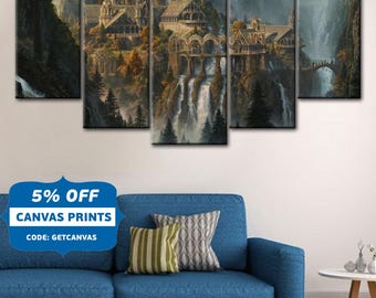 Rivendell poster, House in the mountains, Lord of the rings, Waterfall canvas, Rivendell print, Home Decoration, Holiday gifts