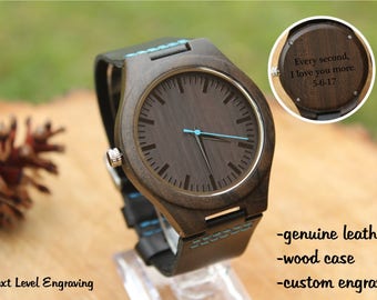 Engraved Watch Men 2nd Anniversary Gifts for Men Watches for Men, Black Leather Wooden Watch, Bride to Groom Gift, engagement gift for him