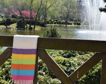 SALE 50% Rainbow Striped, Turkish Towel, Turkish Bath Towel, Turkish Beach Towel, Bath Towel, Beach Towel, Hammam Towel, Turkish Pestemal
