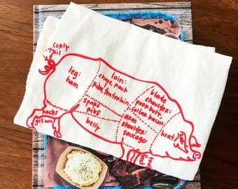 Butcher pig diagram tea towel - white cotton floursack kitchen towel
