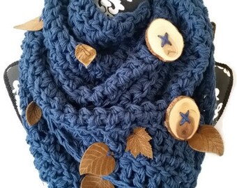 Scarf with Buttons, Bohemian Scarf, Leaf Scarf, Hipster Scarf, Blue Scarf, Blue Chunky Scarf, Unique Scarf, Gift for Her