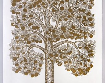 Golden Apple Tree - Woodcut Print, Woodblock Print by Tugboat Printshop