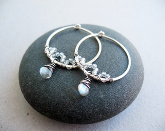 Delicate Hoop Earrings, Hoop Earrings, Moonstone Hoop Earrings, June Birthstone, Wire Wrapped, Sterling Silver, Hoops, Labradorite Earrings