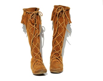 Rust Brown Suede Leather Tall Lace Knee High Moccasin Boots / size 8