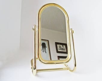 Swivel Vanity Mirror Standing Gold Framed, Dressing Table Top Arched Oval Mirror Tall Cosmetic Metal Makeup Shaving Mirror Vanity Home Decor