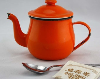 Small Enamel Tea Pot in Orange - Vintage Kitchen - Retro Tea Kettle