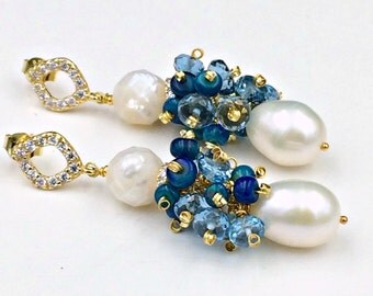Pearl Opal Earrings London Blue Topaz Pearl Earrings Ivory Pearl Ethiopian Opal Cluster Wire Wrap Earring Pearl Topaz Opal Black Tie Earring