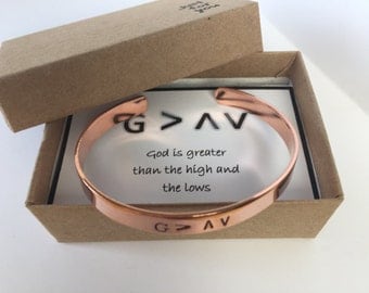God is Greater Than The Highs And Lows. Inspirational Cuff Bracelet. Christian Bracelet. Rose Gold / Gold / Aluminum cuff Bracelet. Faith.