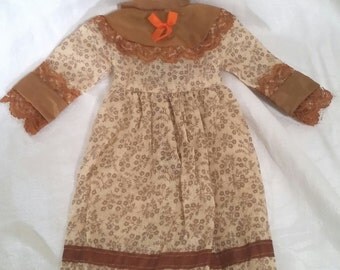 vintage doll dress, antique doll dress, 90s does 70s, victorian doll dress, small doll dress, long brown doll dress, vintage doll