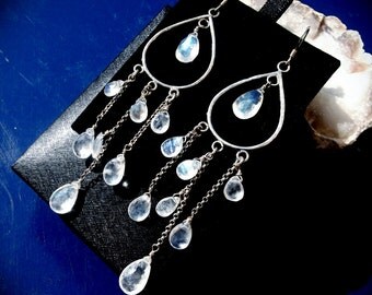 Sterling Silver and Natural Rainbow Moonstone briolettes Chandelier Earrings