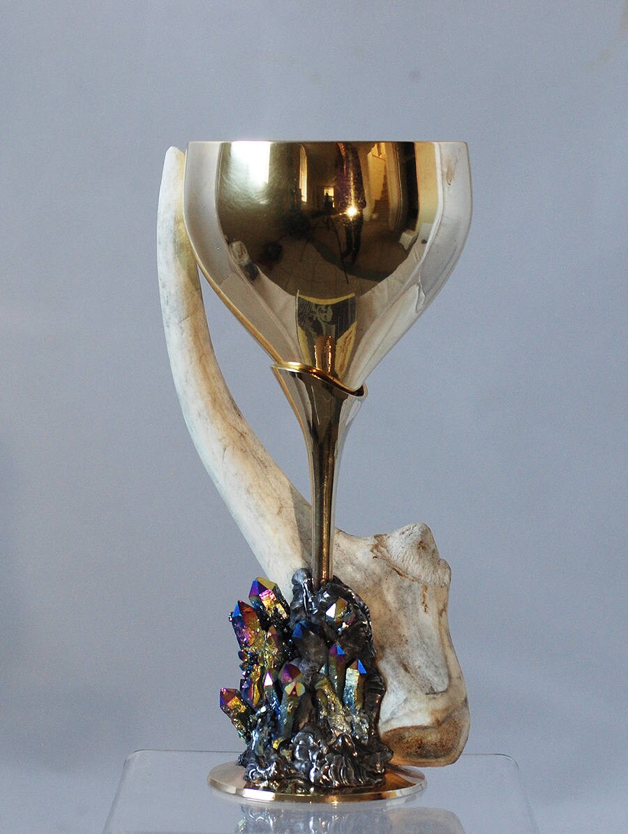 Ceremonial Brass Chalice With Green Calcite for Wiccan