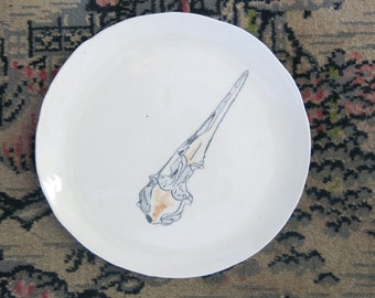 Ceramic Art Plate Woodland Bird Skull Hand Drawn One of a Kind Gift Idea Home Decor, Handmade Artisan Pottery by Licia Lucas Pfadt
