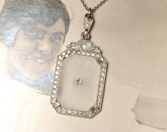 ANTIQUE Camphor Glass Pendant Necklace, Art Deco Silver Paste Rhinestone Bridal Necklace, Edwardian 1920s Flapper Vintage Wedding Jewelry