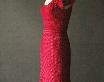 Vintage 40's Red Cranberry Hourglass Crochet Ribbon Dress with Original Belt