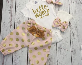 Newborn Girl Take home Outfit - Newborn Girl - Hello World Onesie ® - Gold Glitter - Baby take home outfit - Baby girl coming home outfit