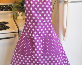 Women's Vintage Style Apron in Purple and White Polka Dots
