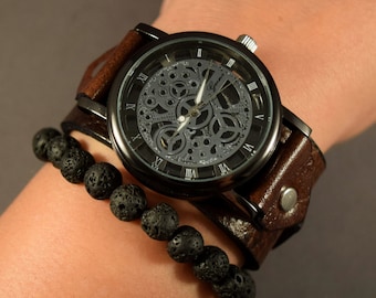 Leather Watch-Steampunk Watch-Cuff Watch-Men Watch-Women Watch-Jewelry Set-Skeleton Watch-Gift for Men-Gift for Her-Gifts-Watch