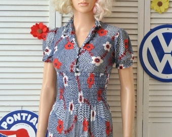 Vintage Micro-Mini 60's 70's Dress/Womens Teens Juniors/Red White Blue Floral-Dot Print/Smocked Elastic Waist/Theater Costume XS as is