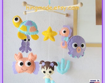 Baby Mobile, Mermaid Mobile, Baby Girl Mobile, Baby Crib Mobile, Nursery Mobile, Aqua Coral Purple Sunflower, Under the sea theme