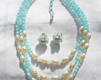 Vintage 1950's Aqua Glass 3-strand Necklace & Earring Set