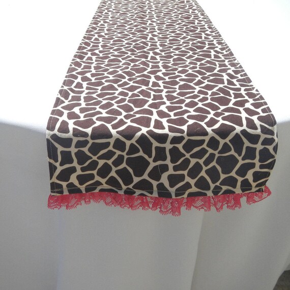 Giraffe Print Table Runner with Pink Lace Ruffle Baby Shower