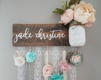 Headband Bow Holder, Custom Name Board, Baby Girl Nursery Decor, Baby Shower Gift, Bow Organizer, Headband Organizer, Brown Stain Distressed
