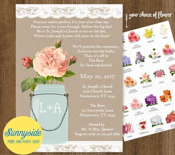 REHEARSAL Dinner Invitation with Poem // Mason Jar and Lace - You choose flower! // Rustic Country Wedding Rehearsal Invites, vintage style Il_570xn