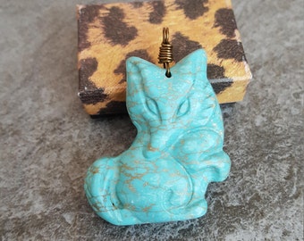 Clearance Sale ! Fox Necklace - Blue Turquoise Carved Gemstone Fox Pendant, Silver Plated Chain, Jingsbeadingworld, Inspired by Nature