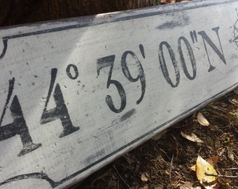 Personalized Latitude Longitude Wood Sign With Nautical Compass- Hand Crafted Custom Wooden Rustic Decor