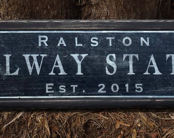 Custom Railway Station Wood Sign with Frame - Handmade Personalized Wooden Train Decor