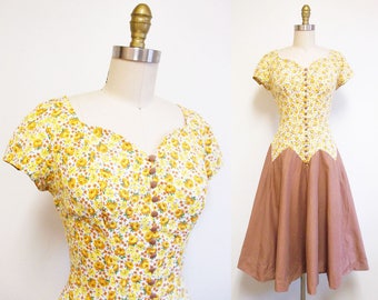 Vintage 1950s Dress | Yellow Rose Print 1950s Cotton Party Dress | size small | 5D018