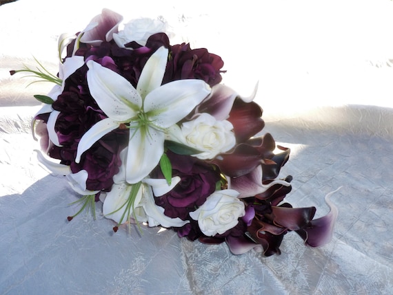 Bridal teardorp, cascading, plum, ivory, rose, calla lily, silk, real touch artificial flower bouquet, tiger lilies, stargaizer, rose