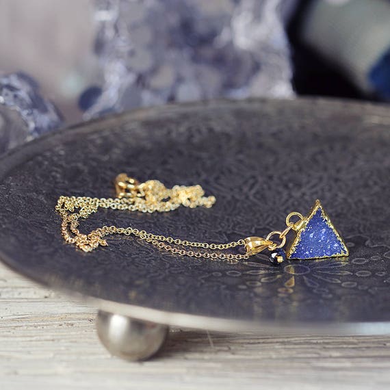 Blue Druzy Necklace - Modern Triangle Necklace