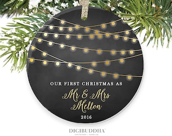 Our First Christmas as Mr & Mrs Ornament Our First Christmas Married Ornament Newlywed Christmas Ornament Wedding Ornament Chalkboard Lights