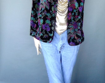 Floral Blazer, Vintage Blazer, 80's Vintage, Women's Blazer Medium, Velvet Blazer / Jacket