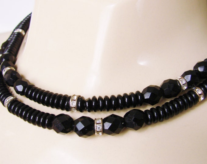 Vintage Black Faceted Glass Bead Rhinestone Necklace / Jewelry / 30 Inces Long / Jewelry / Jewellery