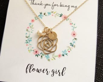 Flower Girl gift Flower girl necklace with message card initial necklace freshwater pearl necklace Bridesmaid Gift Personalized Jewelry