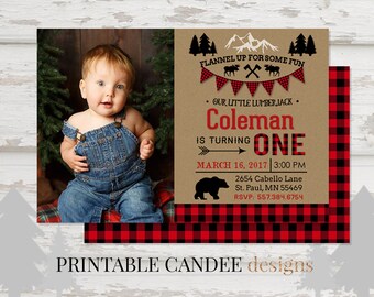 Lumberjack Birthday Invitation, Lumberjack First Birthday Party Invitation, Buffalo Plaid Party, Woodland Bear Invitation