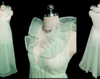 Vintage Halston Formfit Nightgown Grand Sweep Flocked Hearts Double Nylon Nightgown Mint Frappe designer nightgown halston nightgown