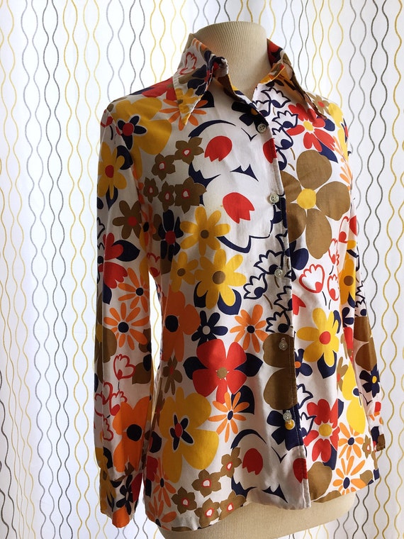 Vintage 60s floral cotton shirt/ earthy reds yellows browns