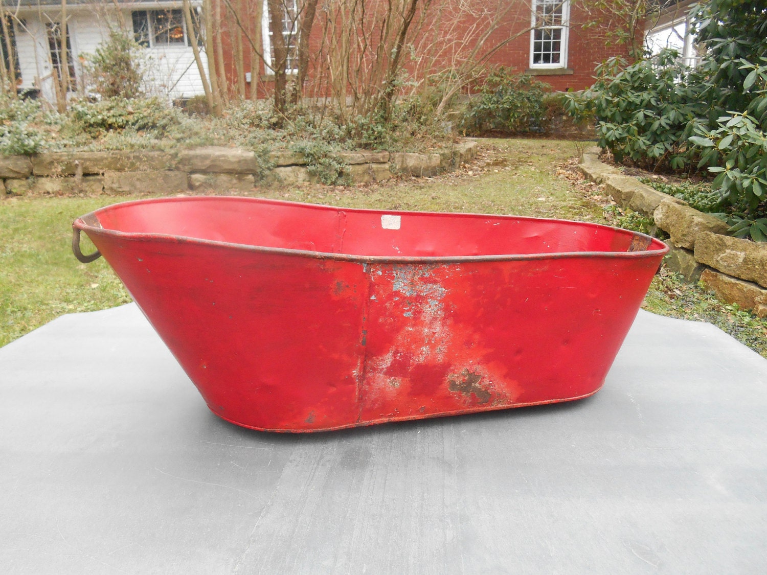 Antique Tin Baby Bathtub Bath Tub Metal Red Handles on Ends