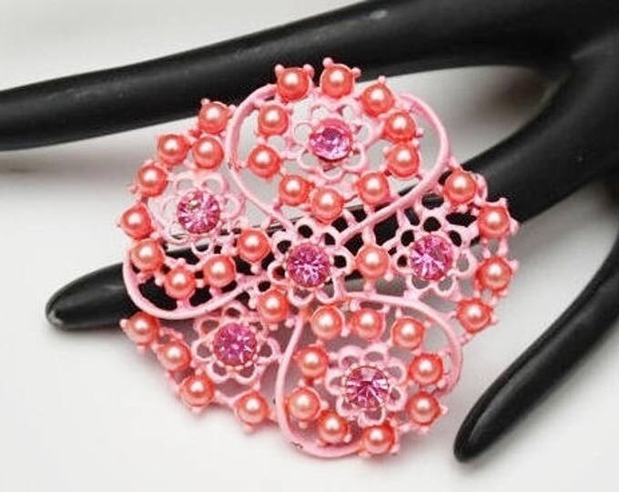 Pink Enamel Flower Brooch - Pink pearls Rhinestone - Mid century- floral pin