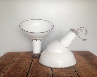 Vintage Industrial Lights, Pair of Angled Porcelain Barn Lights, Gas Station Lights, White Enamel Light, Angled Light, Off Set Light