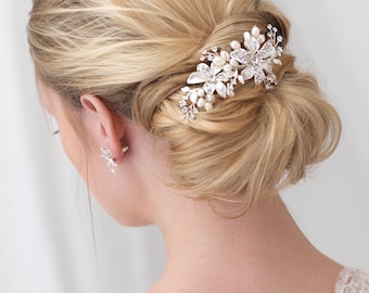 Floral Bridal Comb, Freshwater Pearl Wedding Comb, Rhinestone Wedding Headpiece, Floral Bridal Headpiece, Flower Comb for Bride ~TC-2050