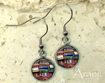 Glass dome book earrings, book earrings, bookshelf earrings, book dangle earrings, book drop earrings, bookshelf drop earrings, HG152DP