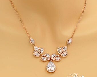 Wedding Necklace Rose gold plated Teardrop Cubic Zirconia Necklace CZ Necklace Wedding Bridal Jewelry Wedding Jewelry Wedding Accessory Tri
